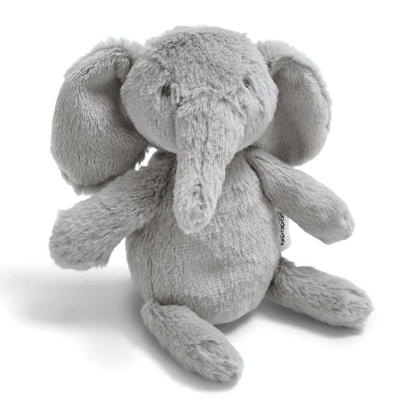 The Mamas & Papas Elle Beanie Beanie Toy is a soft, light gray elephant plush with large floppy ears, a long trunk, and round limbs, sitting upright on a white background.