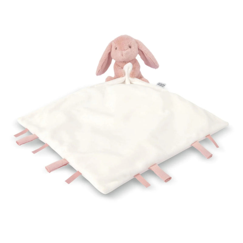 The Mamas & Papas Pink Bunny Comforter features a soft pink bunny attached to a square white faux fur blanket with pink ribbon tags—an ideal personalised baby gift from Mamas & Papas.
