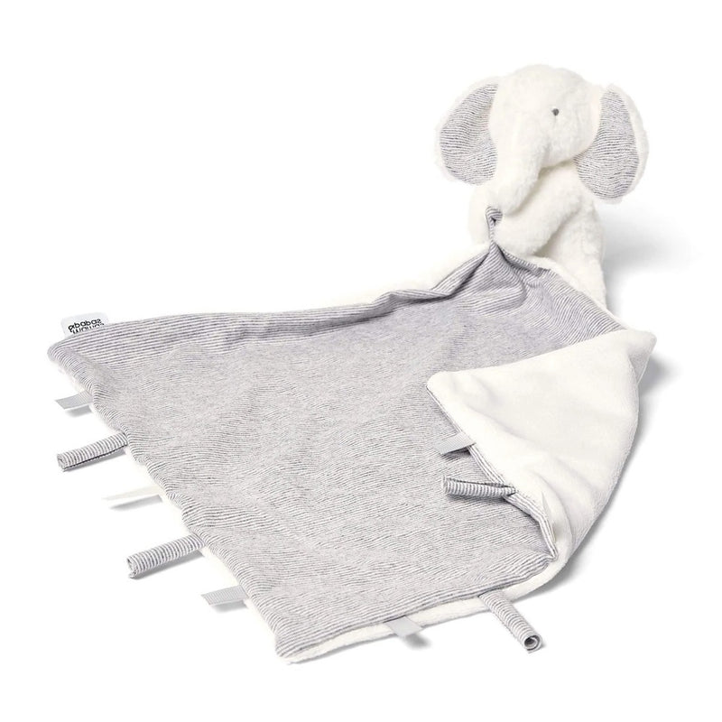 The Mamas & Papas Elephant Comforter is a soft gray and white baby blanket featuring a plush elephant head, cozy faux fur, and fabric tags along the edges.
