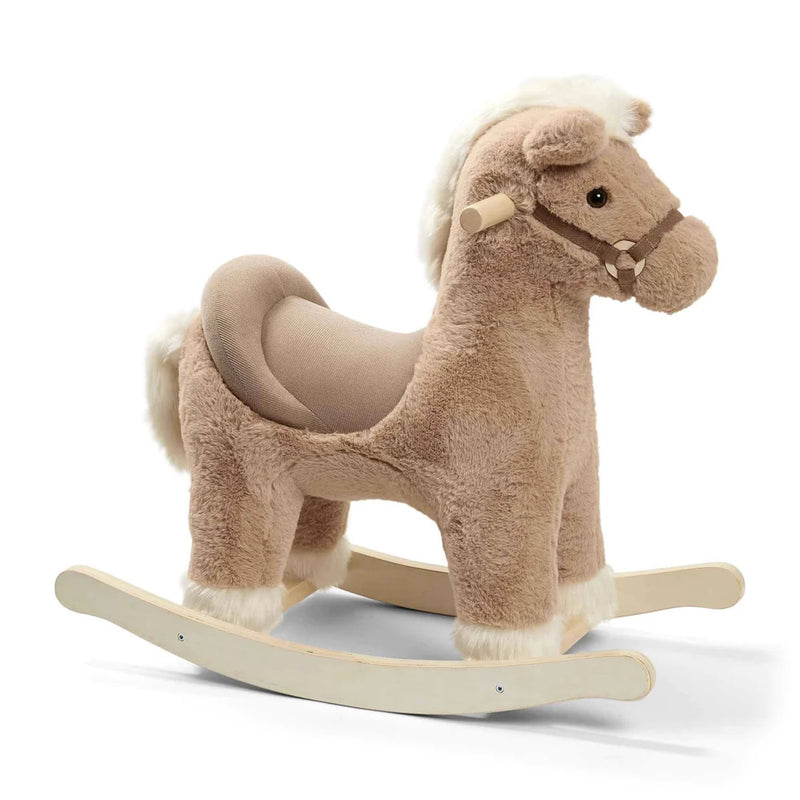 The Mamas & Papas Rocking Horse Bugsy is a plush, light brown rocking horse with a soft mane and tail, wooden rockers and handles, plus a cushioned seat for comfortable and gentle rocking.