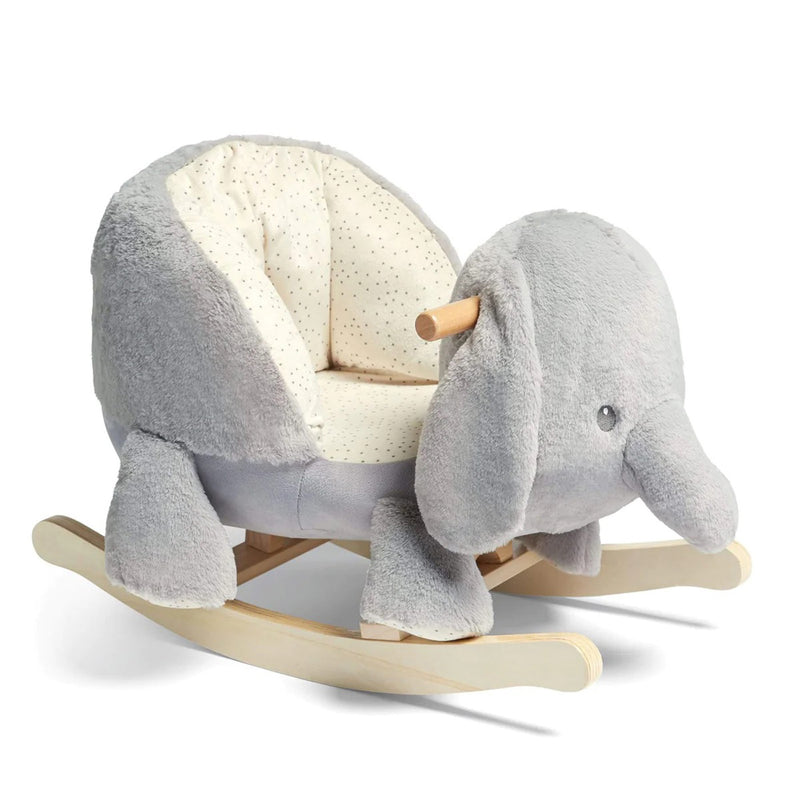 The Mamas & Papas Rocking Elephant Ellery is a plush gray rocking chair shaped like an elephant, featuring wooden rockers and handles and a soft, cream-colored dotted seat—a perfect rocking toy for little ones.