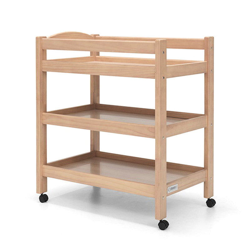 The Seena Turin 3 Tier Change Table by Seena features three open shelves and four black wheels for organizing essentials and easy mobility, making it an ideal nursery furniture piece.