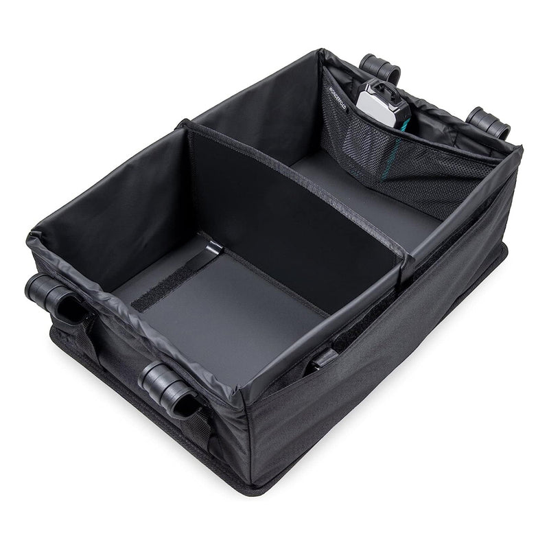 The Wonderfold Collapsible Shopping Basket by Wonderfold is a black fabric organizer with sturdy sides, two roomy compartments, mesh pockets, and adjustable straps. Use it as a collapsible shopping basket or stroller wagon accessory for convenience on the go.