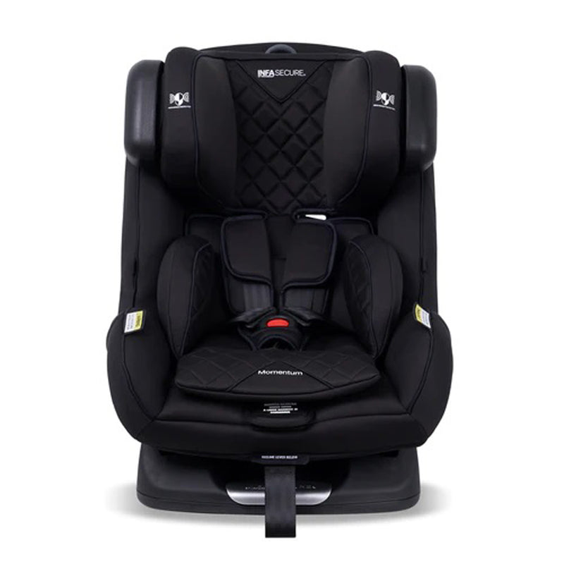The InfaSecure Momentum More ISOFIX by InfaSecure is a black convertible car seat with quilted padding, secure harness, headrest, visible side labels, sturdy base, and supports extended rearward facing for safety and comfort.