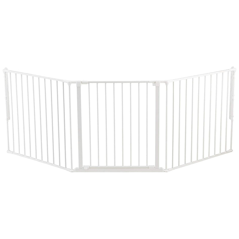 The BabyDan Flex Large by BabyDan is a white folding metal safety gate with vertical bars and a central door—ideal for sectioning off areas or blocking access for children or pets as a child-proof stair or fireplace gate.