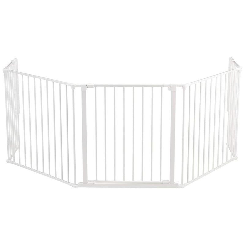 The BabyDan Flex X-Large by BabyDan is a white wall-mounted safety gate with vertical bars and two hinged side panels, creating an adjustable barrier ideal for protecting children and pets or blocking off large areas.