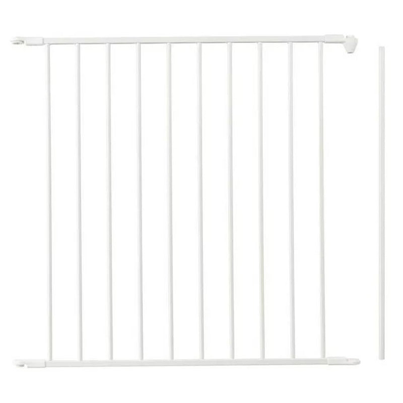The BabyDan Flex Extension Panel is a white metal safety gate extender with vertical bars and a narrow side piece, designed to widen coverage between existing BabyDan gate panels.