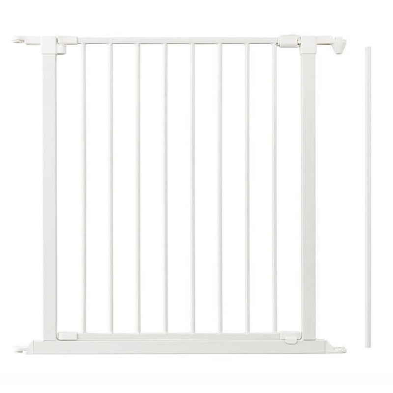 The BabyDan Flex Extension Entry Door is a white metal safety gate with vertical bars and a top latch, ideal for blocking doorways or stairs to keep kids or pets safe. An extension is shown at right, compatible with BabyDan Flex gates.