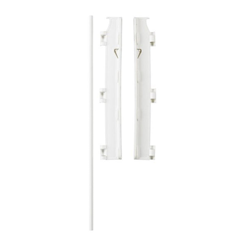 The BabyDan Flex System Additional Wall Mounting Kit by BabyDan includes two white plastic vertical blind tracks with hooks and a single white rod, ideal for use with safety gate wall fittings, shown on a plain white background.