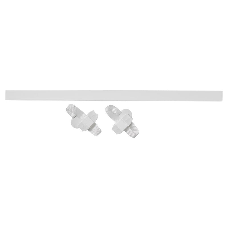 The BabyDan Stair Case Adaptor by BabyDan is a white, horizontal adapter bar with two rounded plastic wall hooks for safety gates—ideal for drill-free baluster installation. Shown on a plain white background.