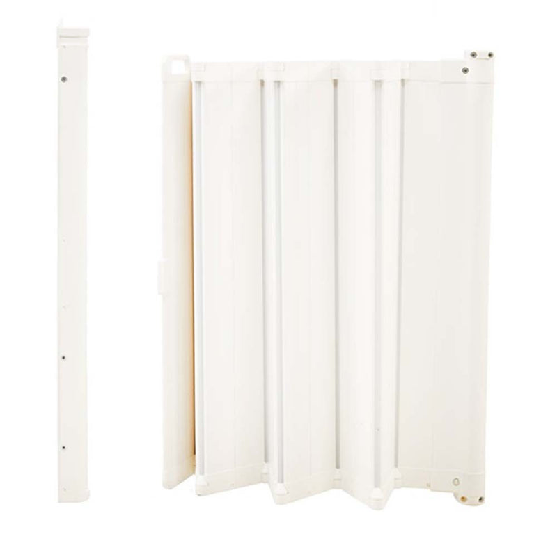 The BabyDan Guard Me White, an accordion-style folding safety gate by BabyDan, is shown partially unfolded with a side view on the left and a front view on the right against a plain background.