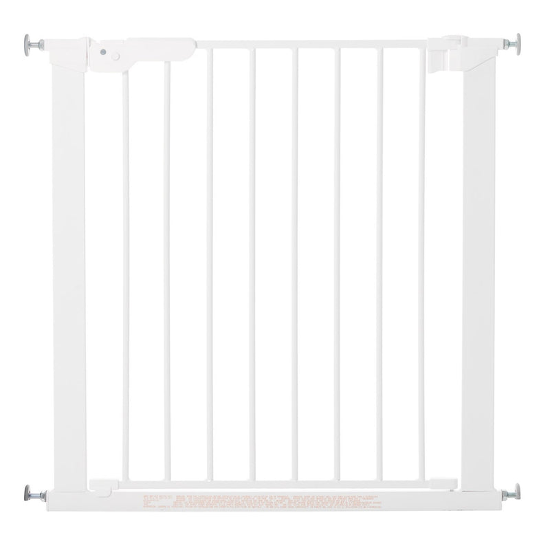 The BabyDan Premier True Pressure Fit Gate is a white metal safety gate with vertical bars and adjustable brackets, ideal for doorways or stairs to help keep children or pets safe. From BabyDan, it offers added peace of mind in your home.