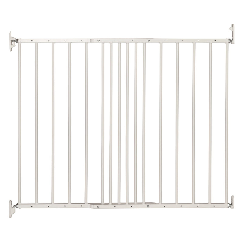The BabyDan MultiDan Metal White by BabyDan is a wall-mounted white metal safety gate with vertical bars and corner brackets, designed to childproof spaces for maximum child or pet safety.