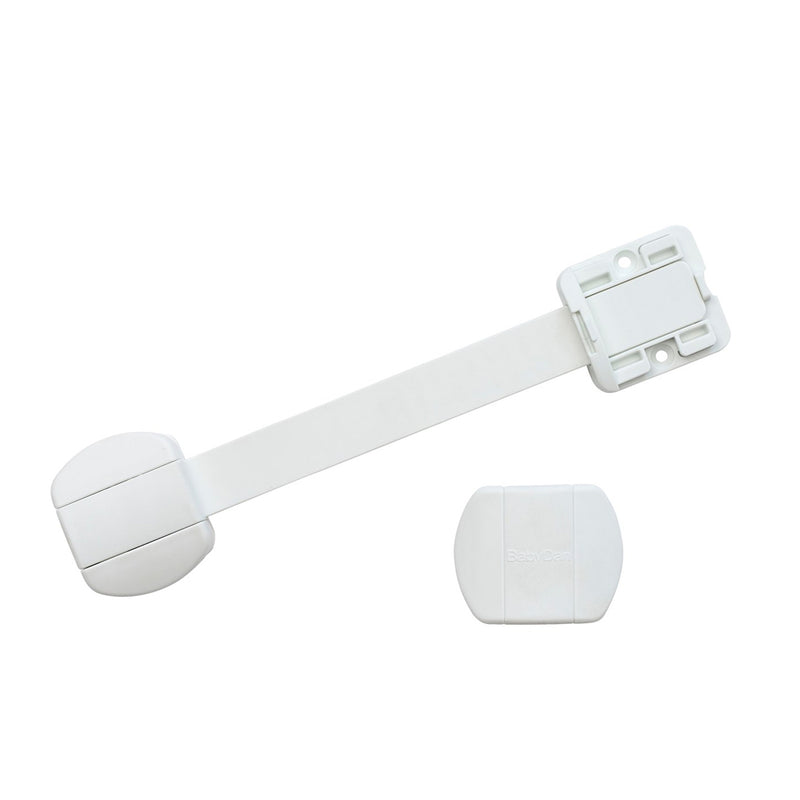 The BabyDan Multi Lock by BabyDan is a white baby-proof lock with an adjustable strap and adhesive pads, designed to secure cabinets or drawers and prevent children from opening them.