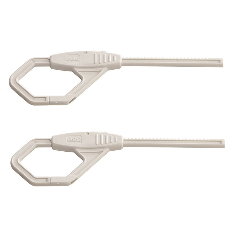 Two identical BabyDan Double Cabinet Locks by BabyDan, white plastic zip tie-style clips with hook and toothed locking arms, ideal for childproofing cabinets, are shown side by side on a plain white background.