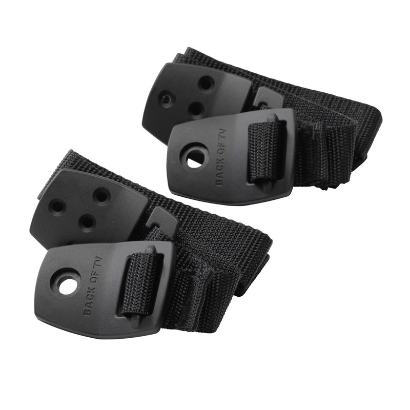 The BabyDan Anti-Tip TV Straps by BabyDan, featuring two black adjustable nylon bands with "BACK OF TV" mounting plates, are shown coiled side by side on a white background for reliable child protection against tipping.