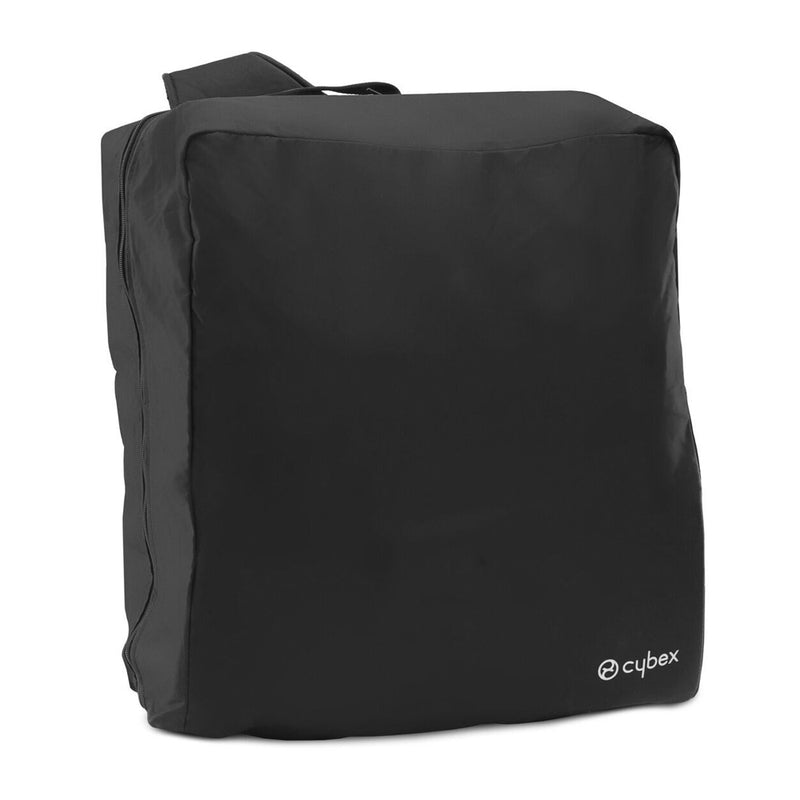 The Cybex Coya Travel Bag by Cybex is a black, square-shaped, soft travel bag with a handle and the white "cybex" logo in the lower right corner—ideal for carrying or storing your folded buggy during trips.