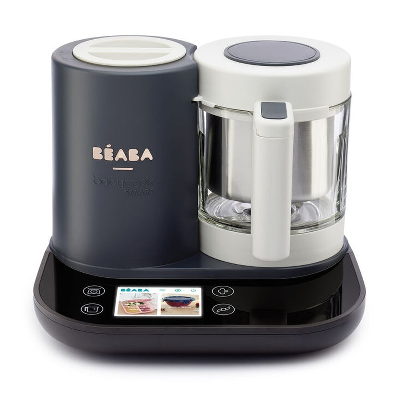 The Beaba Babycook Smart Robot Cooker Charcoal Grey features a digital touchscreen and a stylish charcoal grey base with a white blending container, making it easy to steam and blend baby food with smart convenience.
