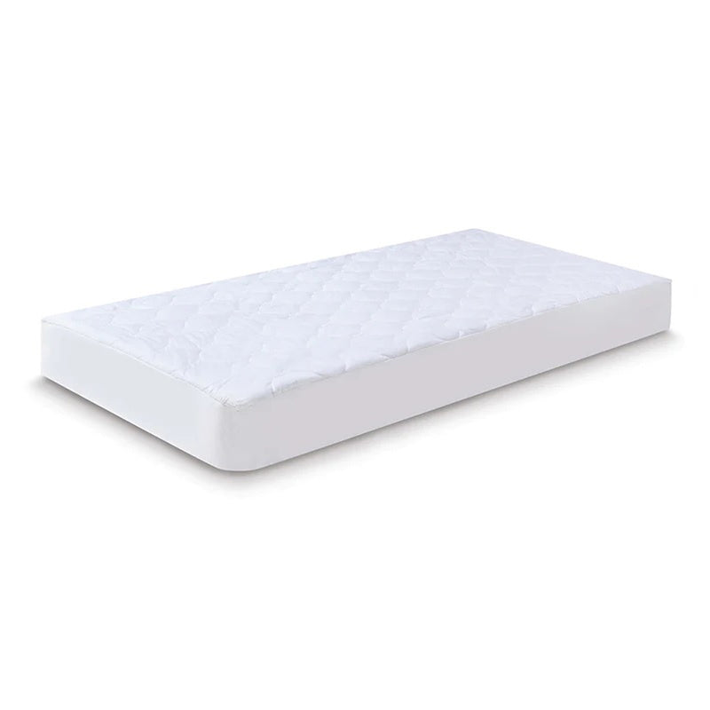 The Boori Compact Cot Fitted Mattress Protector is a white, rectangular, breathable protector with a quilted top and smooth sides by Boori, shown on a plain white background.