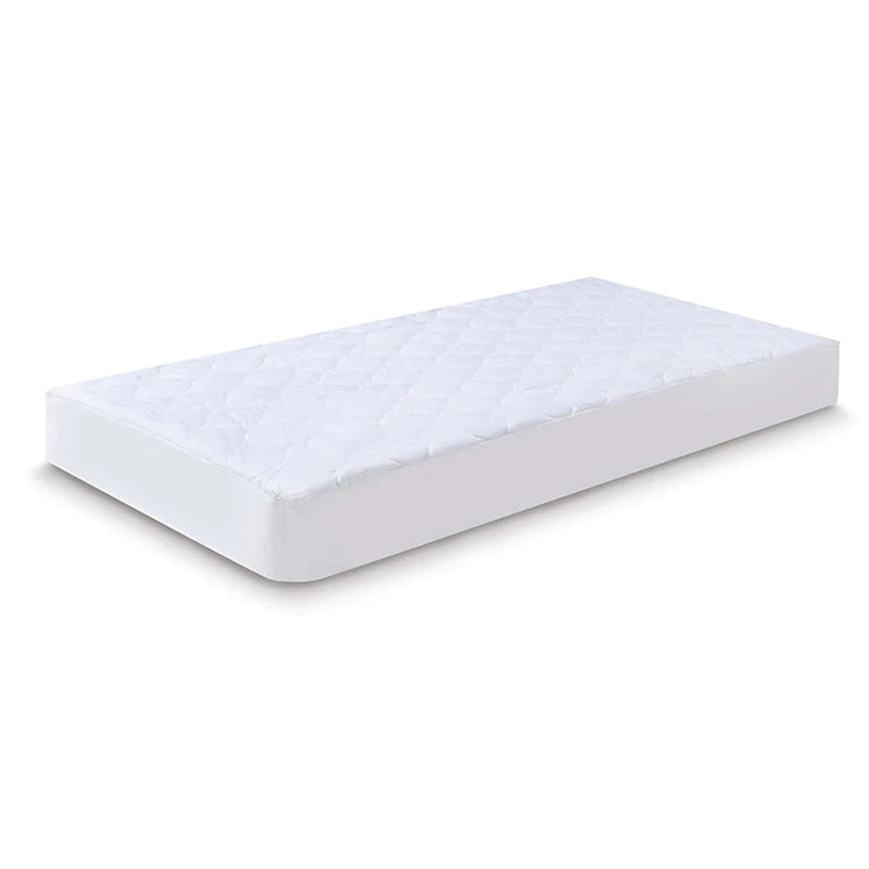 The Boori Large Cot Fitted Mattress Protector by Boori is shown on a plain white single mattress with a quilted top, offering breathable protection. The clean, firm mattress with rounded corners is isolated against a white background.