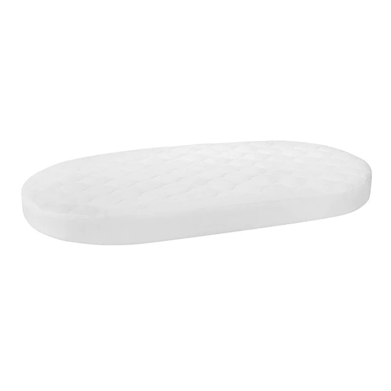 The Boori Oval Cot Fitted Mattress Protector by Boori is shown on a plain white background, featuring a white, oval shape and quilted surface for added comfort and protection.