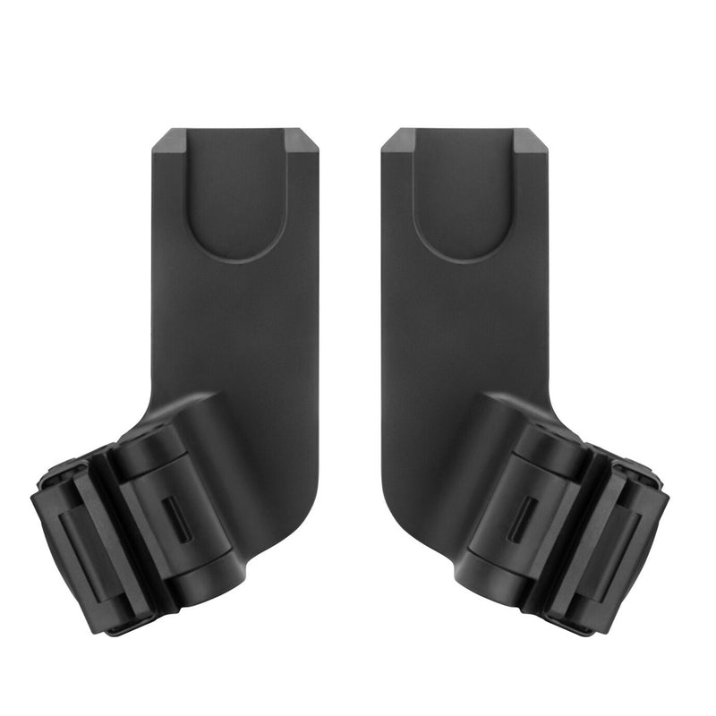 The Cybex Libelle/Orfeo Capsule Adapter Set includes two black plastic adapters with angular shapes and rounded ends, side by side on a white background, each with a locking mechanism for use with CYBEX infant car seat travel systems.