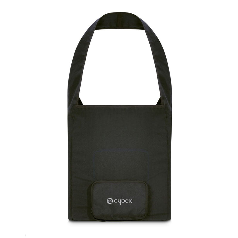 The Cybex Libelle Compact Stroller Travel Bag is a black reusable tote with a wide strap and a white "cybex" logo on its small front pocket, shown standing upright against a white background.