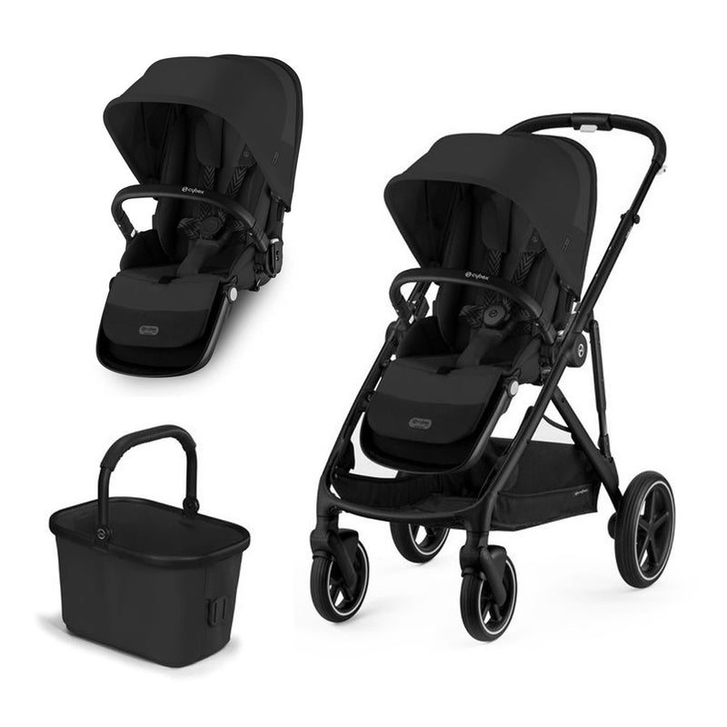 The Cybex Gazelle S Double Pram by Cybex is displayed from multiple angles with a matching detachable storage basket. This modular pram has two seats, a canopy, and large wheels for smooth maneuvering.