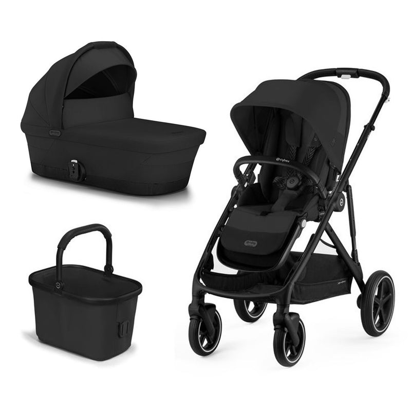 The Cybex Gazelle S Pram + Gazelle Bassinet Bundle by Cybex is a black modular stroller set with a seat, lie-flat bassinet, and removable storage basket, shown against a white background.