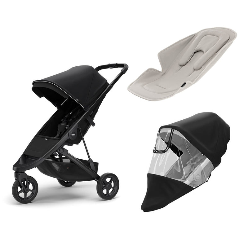 The Thule Spring Pram + Accessories Bundle by Thule, featuring a 3-wheel stroller with canopy, removable beige newborn inlay seat insert, and black rain cover with clear window, is displayed against a white background.
