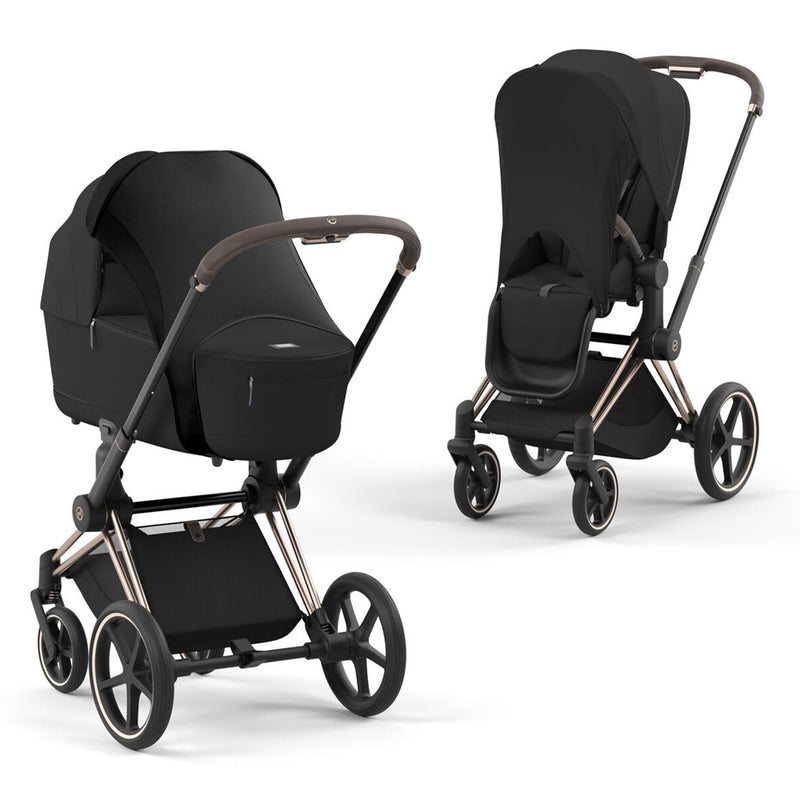 Two views of the Cybex Pram Sun Sail by Cybex, a modern black stroller featuring a sturdy frame, large wheels, ventilated design, and spacious storage basket, shown from front-left and rear-right angles on a white background.