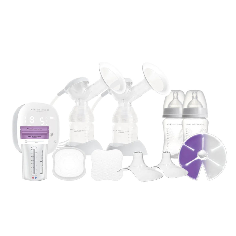 The New Beginnings Breastfeeding Essentials Kit by New Beginnings includes a double electric breast pump, two bottles with flanges, digital pump unit, baby bottles with lids, breast pads, nipple attachment, and a purple gel cooling pad.
