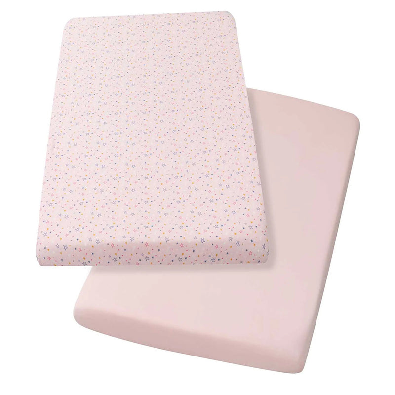 Two ClevaMama Pink Jersey Cotton Fitted Sheets by Clevamama are shown: one features small colorful stars on light pink, the other is solid pale pink. Both are neatly folded and displayed overlapping for a tidy look.