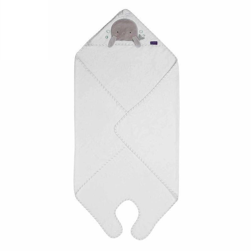 The ClevaMama Bamboo Apron Baby Bath Towel in White & Grey features a soft hood with a plush animal face and ears, stitched edges, a cutout for baby's legs, and can be worn as an apron for hands-free drying convenience.