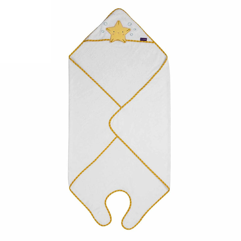 The ClevaMama Bamboo Apron Baby Bath Towel in White & Honey features a hood, yellow star detail, yellow trim, and a central rounded cut-out for easy apron-style use during baby bath time.