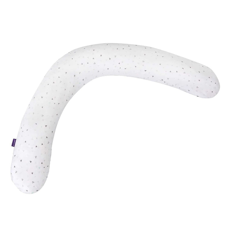 The Clevamama Clevafoam Maternity Pillow is a white, boomerang-shaped pillow with a subtle pattern of small triangles, shown on a plain white background.