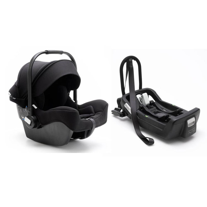 On the left is a black Bugaboo Turtle infant car seat with a curved handle, and on the right is its matching Bugaboo Turtle Spare Base Bundle, both by Bugaboo, set against a white background.