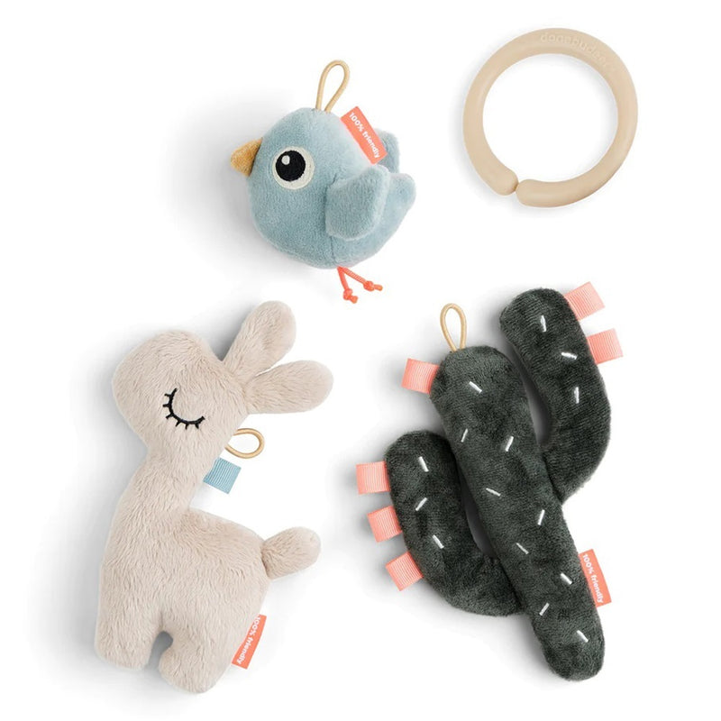 The Done By Deer Tiny Sensory Toy Set Lalee Colour Mix by Done By Deer features a beige teething ring, soft blue bird, plush light brown llama, and green cactus rattle with pink tabs and white stitching on a white background.