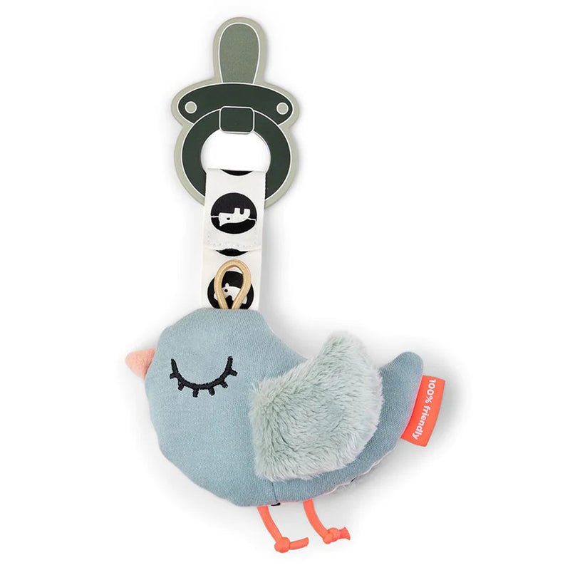 The Done By Deer Cozy Keeper Birdee Blue is a soft plush bird toy from Done By Deer with embroidered eyes, orange legs, and a black-and-white strap with a green clip—ideal as a baby sleeping companion or pacifier holder.