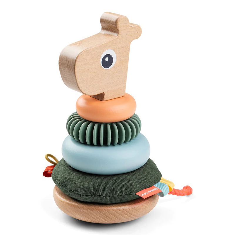 The Done By Deer Stacking Tower Raffi Colour Mix by Done By Deer is a giraffe-shaped sensory toy with a wooden head and colorful, textured rings stacked on a rounded wooden base.