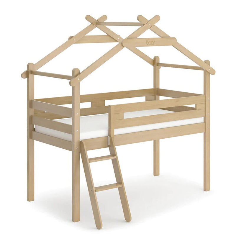 The Boori Forest Teepee Single Loft Bed by Boori features a house-inspired open frame and ladder in natural wood—ideal for playful bedrooms or anyone after unique kids beds in Australia.