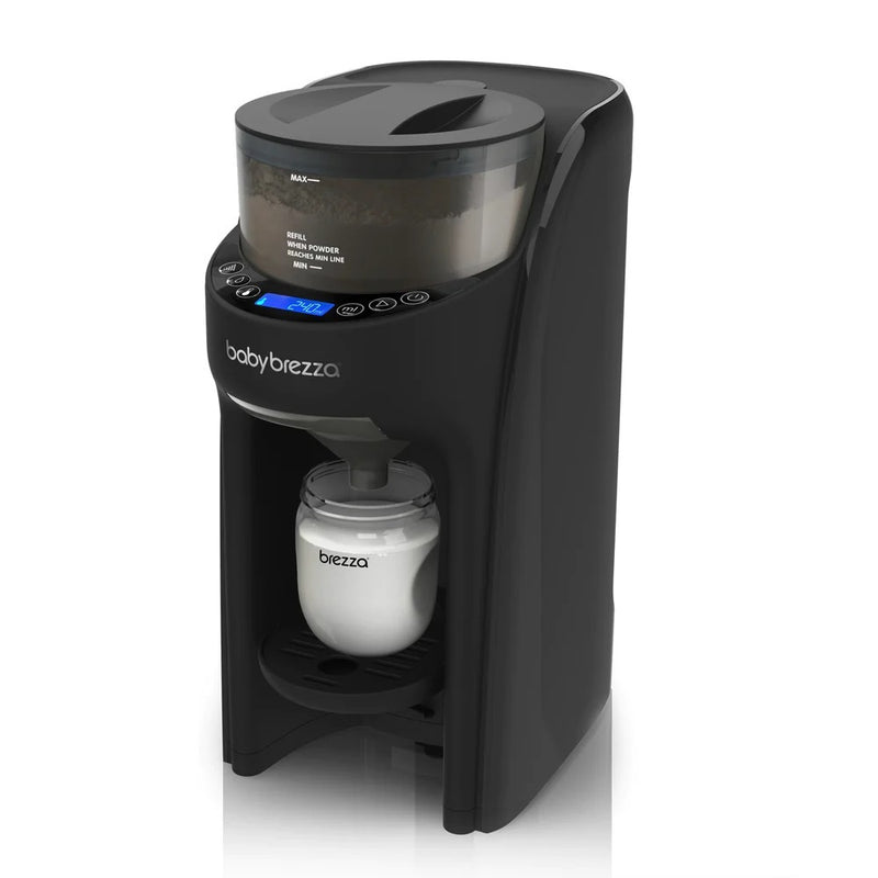 The Baby Brezza Black Formula Pro Advanced Dispenser automatically mixes formula into a clear "brezza"-labeled bottle on its base, featuring a digital display.