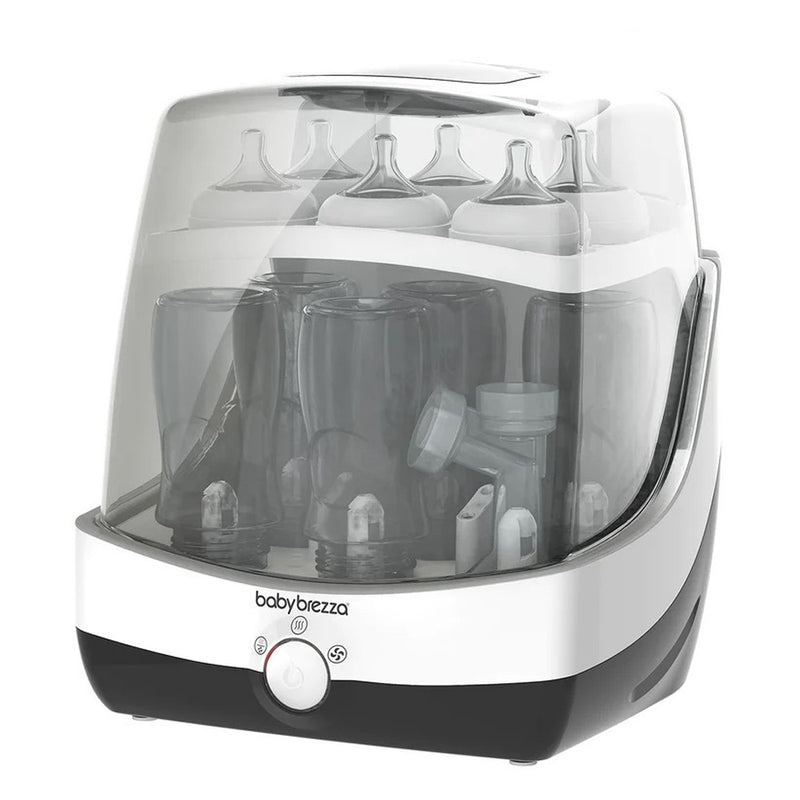 The Baby Brezza Superfast Steriliser-Dryer features a transparent lid and a sleek white and black base, with space for multiple baby bottles and parts inside.