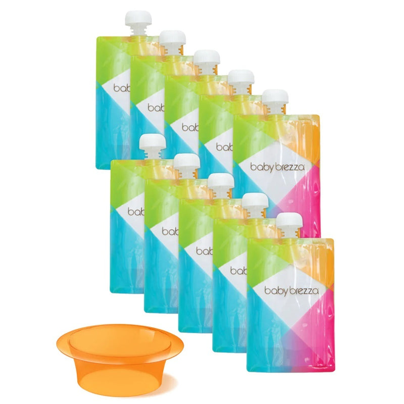 Ten colorful Baby Brezza Reusable Baby Food Pouches are displayed in rows with an orange funnel in front, used for filling the pouches as part of the Baby Brezza pouch system.