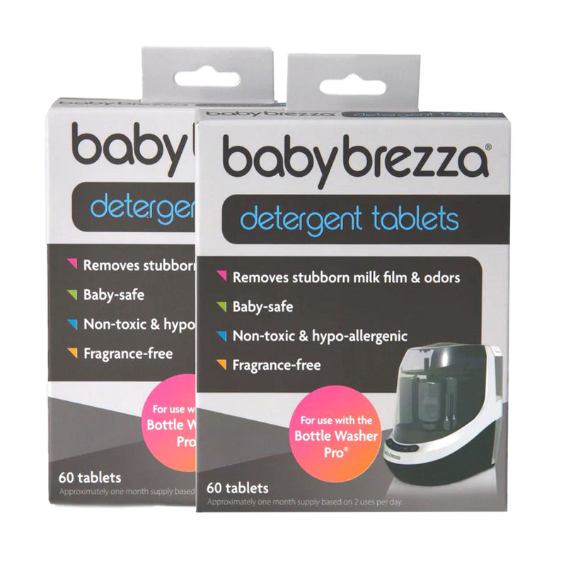 Two boxes of Baby Brezza Detergent Tablets For Bottle Washer Pro, each with 60 tablets. Packaging highlights baby-safe, non-toxic, hypo-allergenic, fragrance-free. Front shows the Baby Brezza Bottle Washer Pro in use.