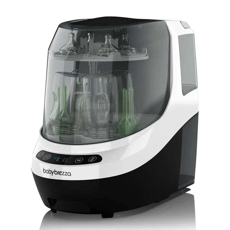 The Baby Brezza Bottle Washer Pro is a black and white bottle sterilizer with a transparent lid that efficiently cleans and sterilizes baby bottles and accessories automatically.