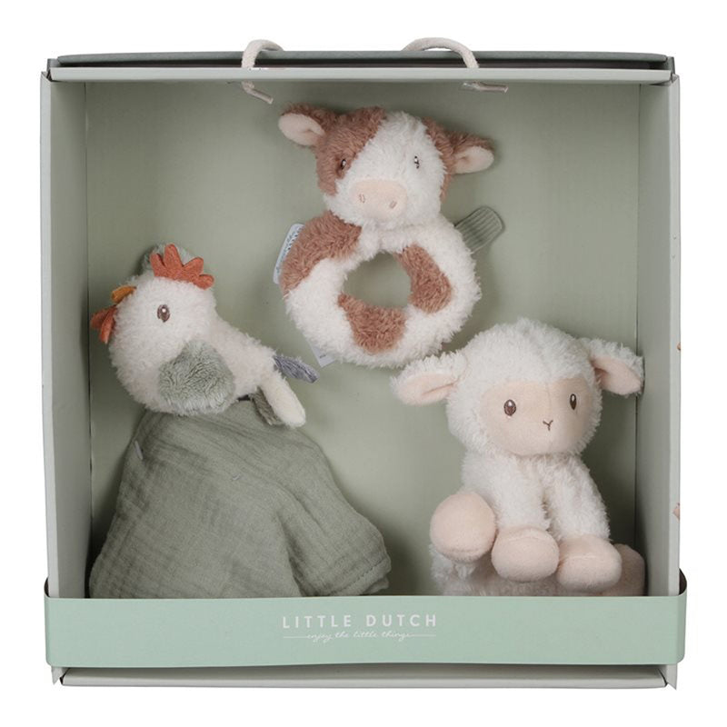 The Little Dutch Little Farm Gift Box includes a plush cow rattle, soft lamb toy, bird plush, and green cloth—all from the Little Dutch brand. A delightful baby shower gift presented in a box labeled "Little Dutch.