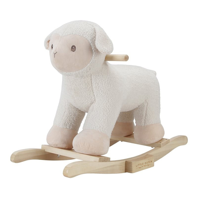 The Little Dutch Little Farm Rocking Sheep is a plush nursery rocker with a soft white body, beige face and feet, easy-grip handles, and a light wooden base—perfect for little ones.