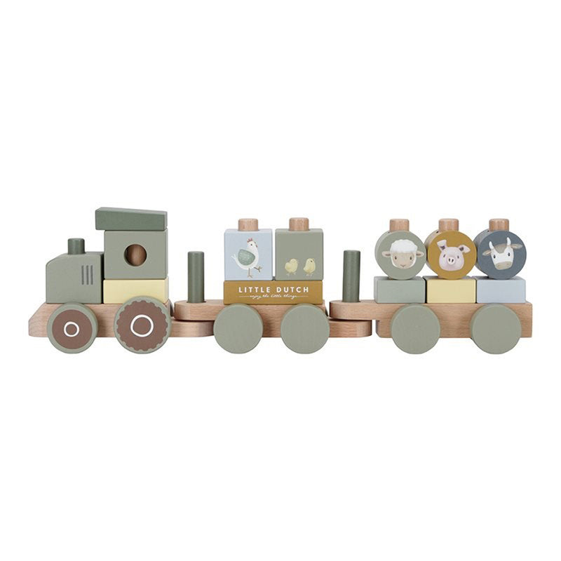 The Little Dutch Little Farm Stacking Train Tractor features two cars and pastel blocks with animal illustrations like a sheep, pig, and cow in muted green, yellow, and beige tones.