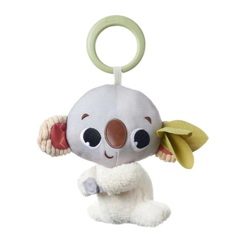 The Tiny Love Boho Chic Koala Rattle by Tiny Love features large black eyes, a brown nose, cream-colored body, a green leaf ear, and hangs from a green ring—an adorable developmental toy that encourages sensory play for babies.